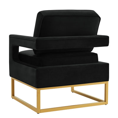 Modern velvet chair with open armrests, gold metal base and wooden frame for living room balcony decoration Black