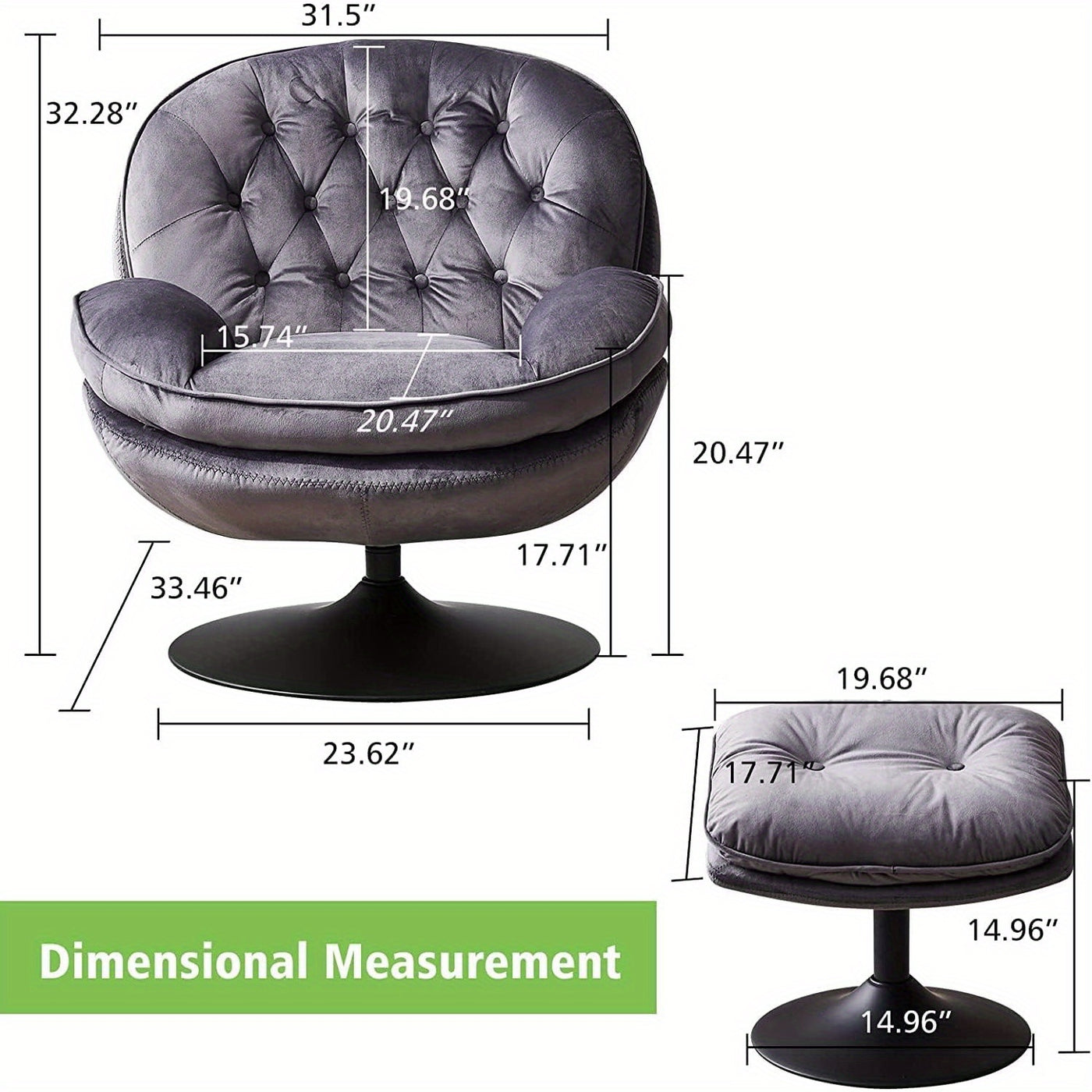 Swivel Accent Chair with Ottoman Set, Velvet Modern Lounge Chair with Metal Base Frame & Footrest, Comfy Lazy Single Leisure Chair, Reading Chair with 360 Swiveling For Living Room/ Bedroom/ Grey