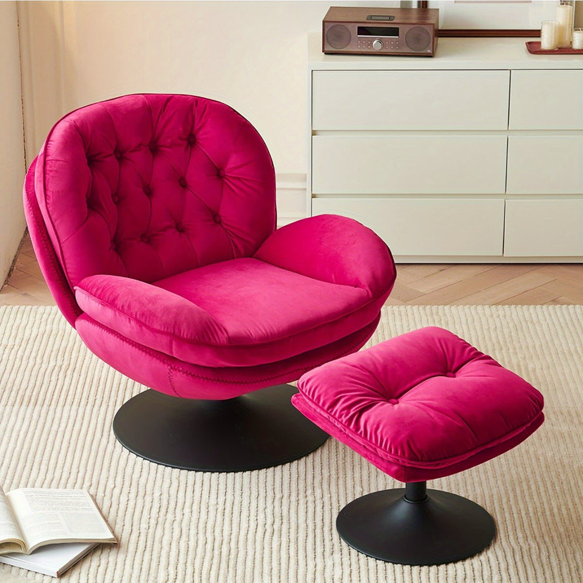 Swivel Accent Chair with Ottoman Set, Velvet Modern Lounge Chair with Metal Base Frame & Footrest, Comfy Lazy Single Leisure Chair, Reading Chair with 360 Swiveling For Living Room/ Bedroom/ Grey