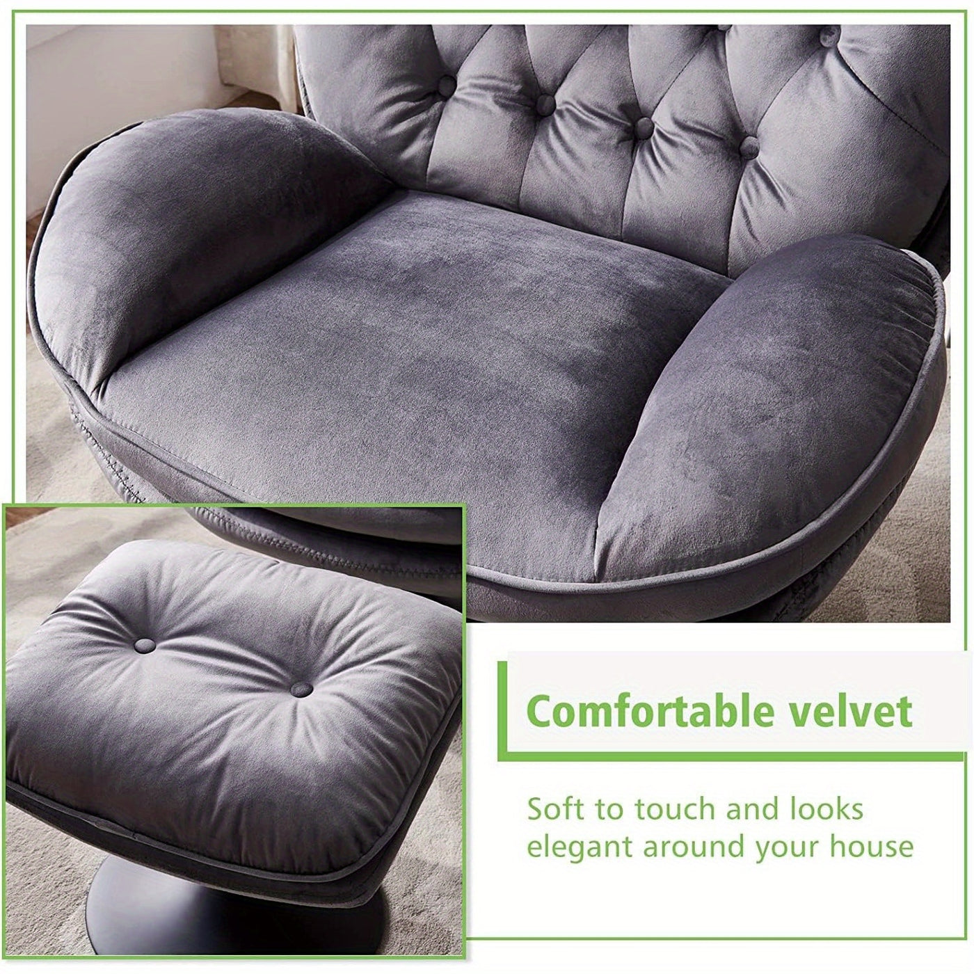 Swivel Accent Chair with Ottoman Set, Velvet Modern Lounge Chair with Metal Base Frame & Footrest, Comfy Lazy Single Leisure Chair, Reading Chair with 360 Swiveling For Living Room/ Bedroom/ Grey