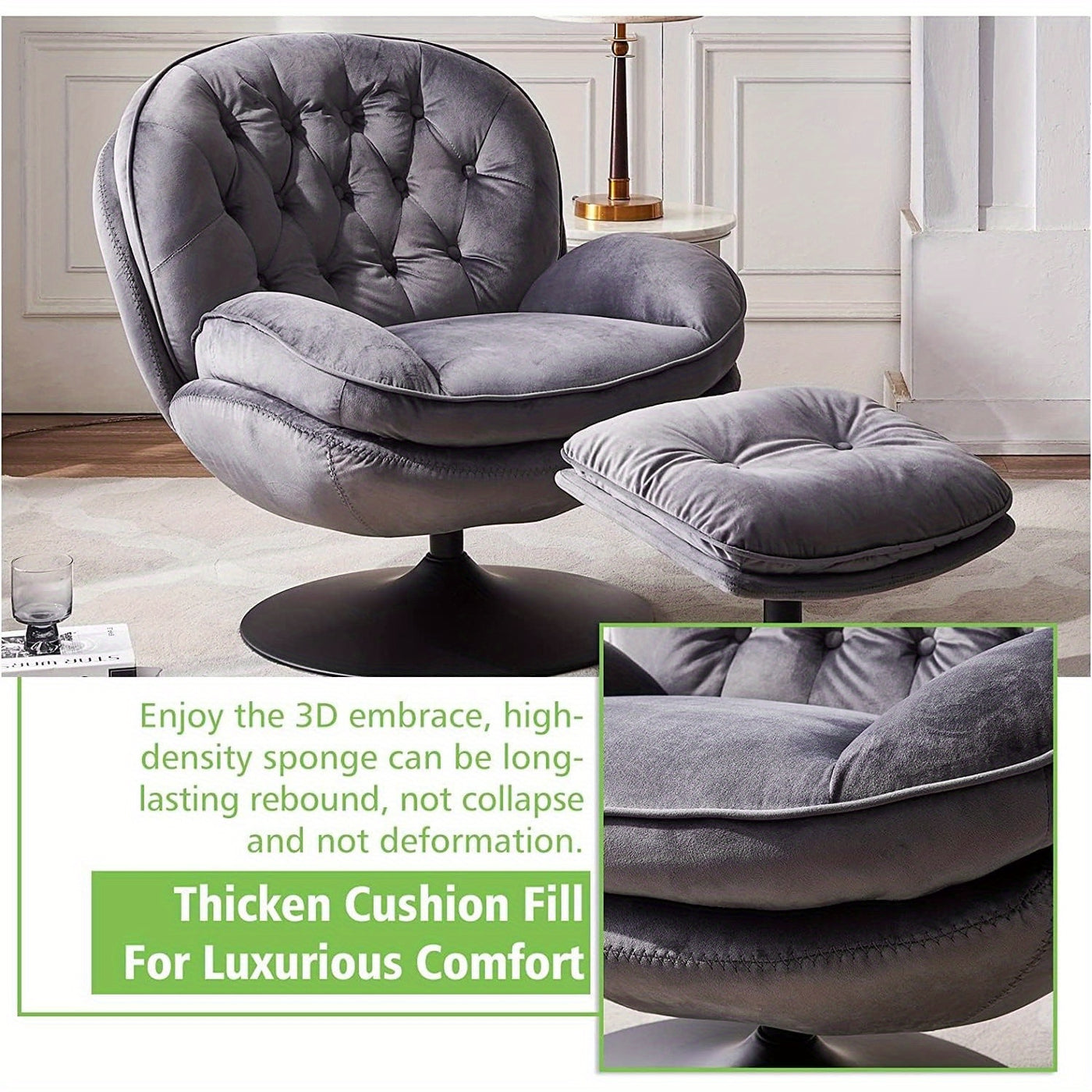 Swivel Accent Chair with Ottoman Set, Velvet Modern Lounge Chair with Metal Base Frame & Footrest, Comfy Lazy Single Leisure Chair, Reading Chair with 360 Swiveling For Living Room/ Bedroom/ Grey