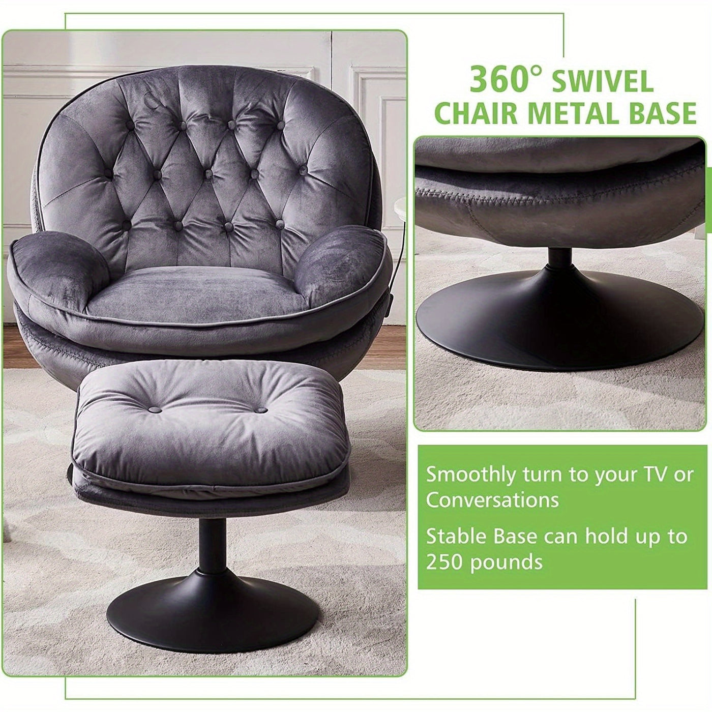 Swivel Accent Chair with Ottoman Set, Velvet Modern Lounge Chair with Metal Base Frame & Footrest, Comfy Lazy Single Leisure Chair, Reading Chair with 360 Swiveling For Living Room/ Bedroom/ Grey