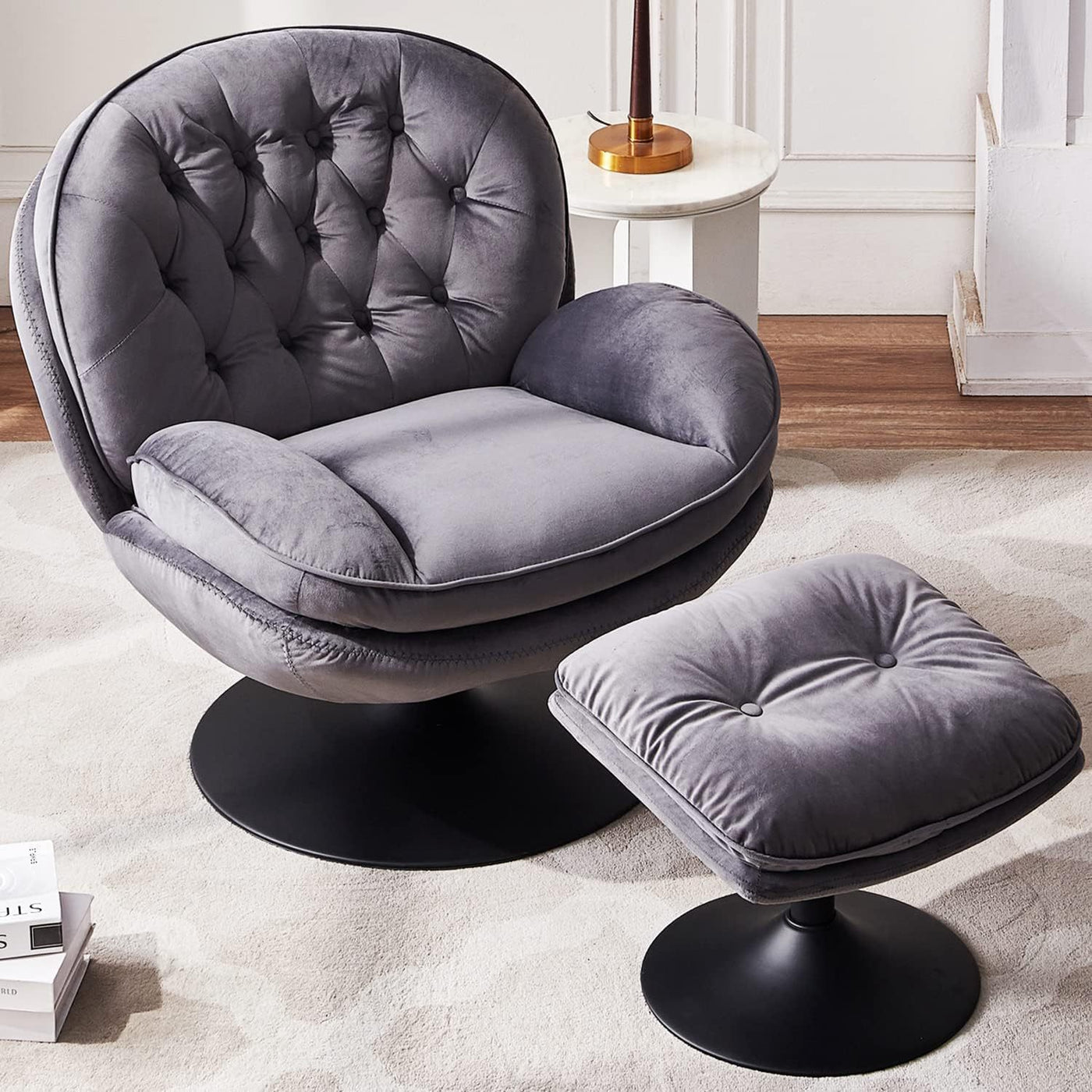 Swivel Accent Chair with Ottoman Set, Velvet Modern Lounge Chair with Metal Base Frame & Footrest, Comfy Lazy Single Leisure Chair, Reading Chair with 360 Swiveling For Living Room/ Bedroom/ Grey