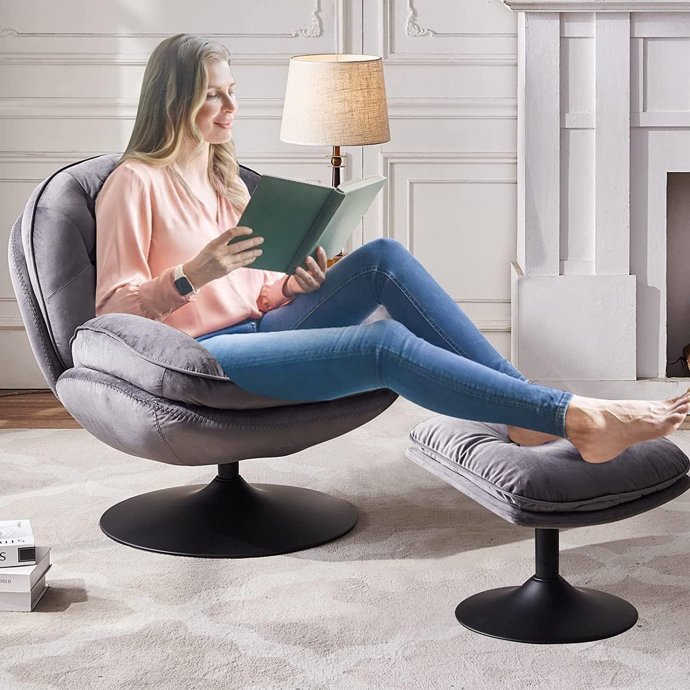 Swivel Accent Chair with Ottoman Set, Velvet Modern Lounge Chair with Metal Base Frame & Footrest, Comfy Lazy Single Leisure Chair, Reading Chair with 360 Swiveling For Living Room/ Bedroom/ Grey