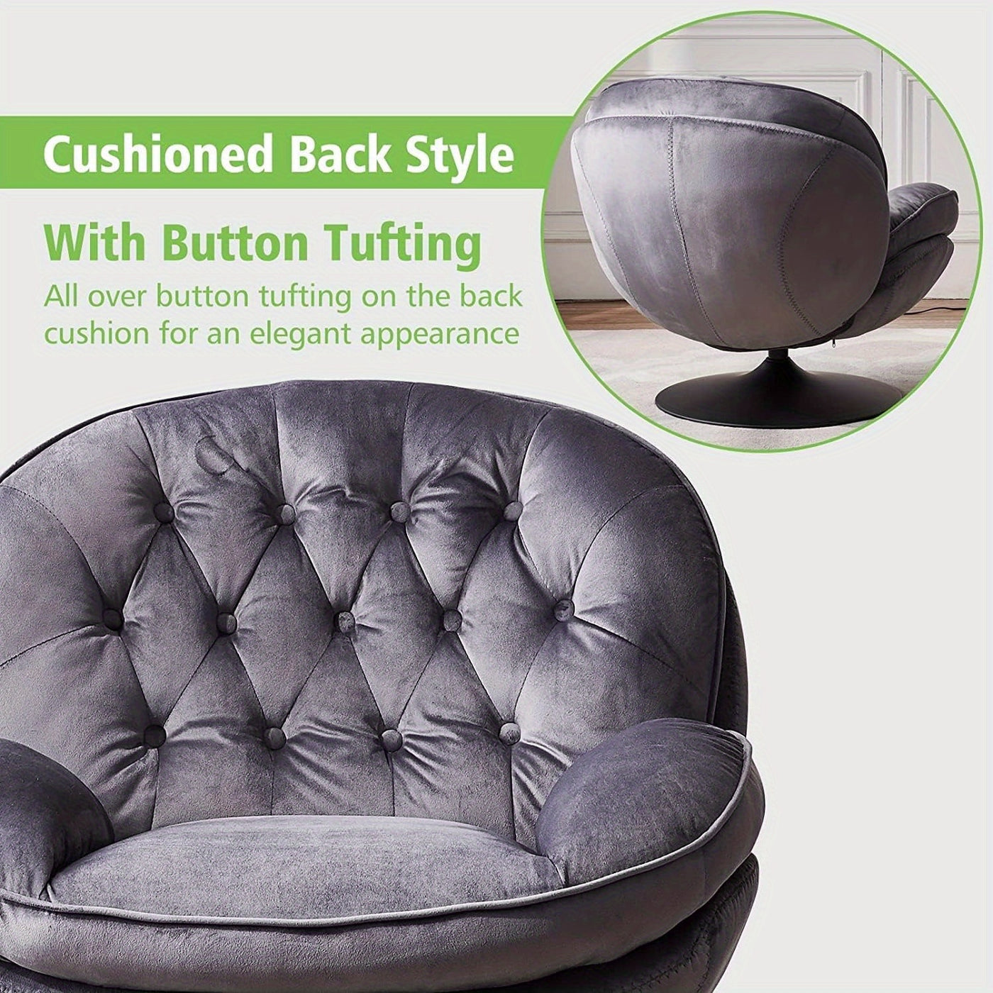 Swivel Accent Chair with Ottoman Set, Velvet Modern Lounge Chair with Metal Base Frame & Footrest, Comfy Lazy Single Leisure Chair, Reading Chair with 360 Swiveling For Living Room/ Bedroom/ Grey