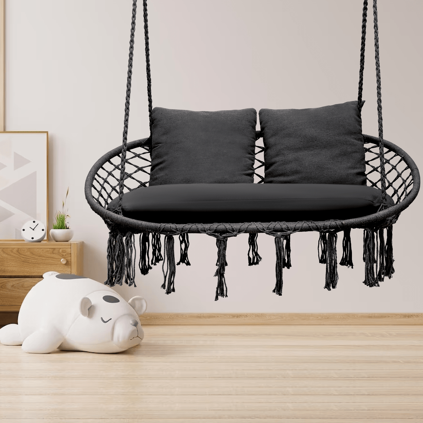 700 lb Capacity Double Swing Chair with 3 Cushions for Outside, Large Hanging Macrame Swing Chair for Indoor/Outdoor Relax, Adult Hammock Boho Chair for Porch Balcony Backyard
