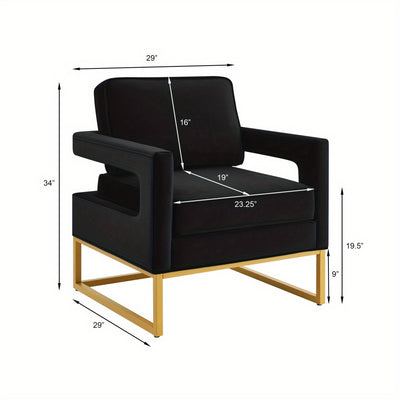 Modern velvet chair with open armrests, gold metal base and wooden frame for living room balcony decoration Black
