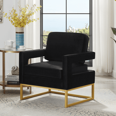 Modern velvet chair with open armrests, gold metal base and wooden frame for living room balcony decoration Black