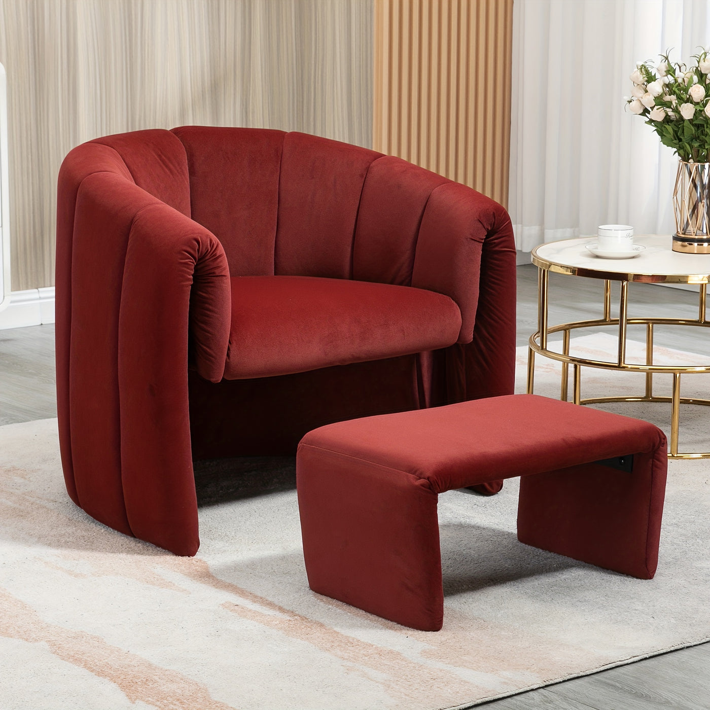 Barrel Chair With Ottoman, Modern Velvet Chair Armchairs With Footstool, Comfy Reading Chair, Mid Century Modern Barrel Chair Upholstered Club Tub Round Arms Chair For Living Room