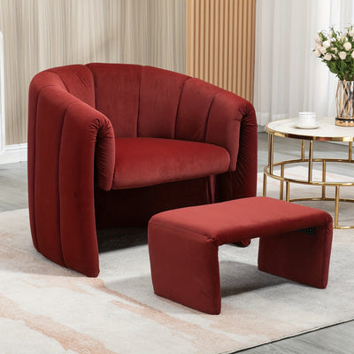 Barrel Chair With Ottoman, Modern Velvet Chair Armchairs With Footstool, Comfy Reading Chair, Mid Century Modern Barrel Chair Upholstered Club Tub Round Arms Chair For Living Room
