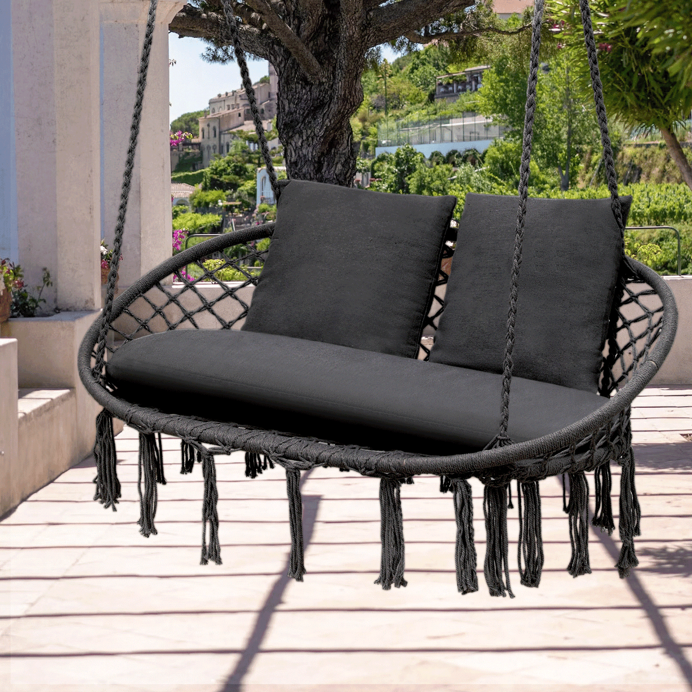 700 lb Capacity Double Swing Chair with 3 Cushions for Outside, Large Hanging Macrame Swing Chair for Indoor/Outdoor Relax, Adult Hammock Boho Chair for Porch Balcony Backyard