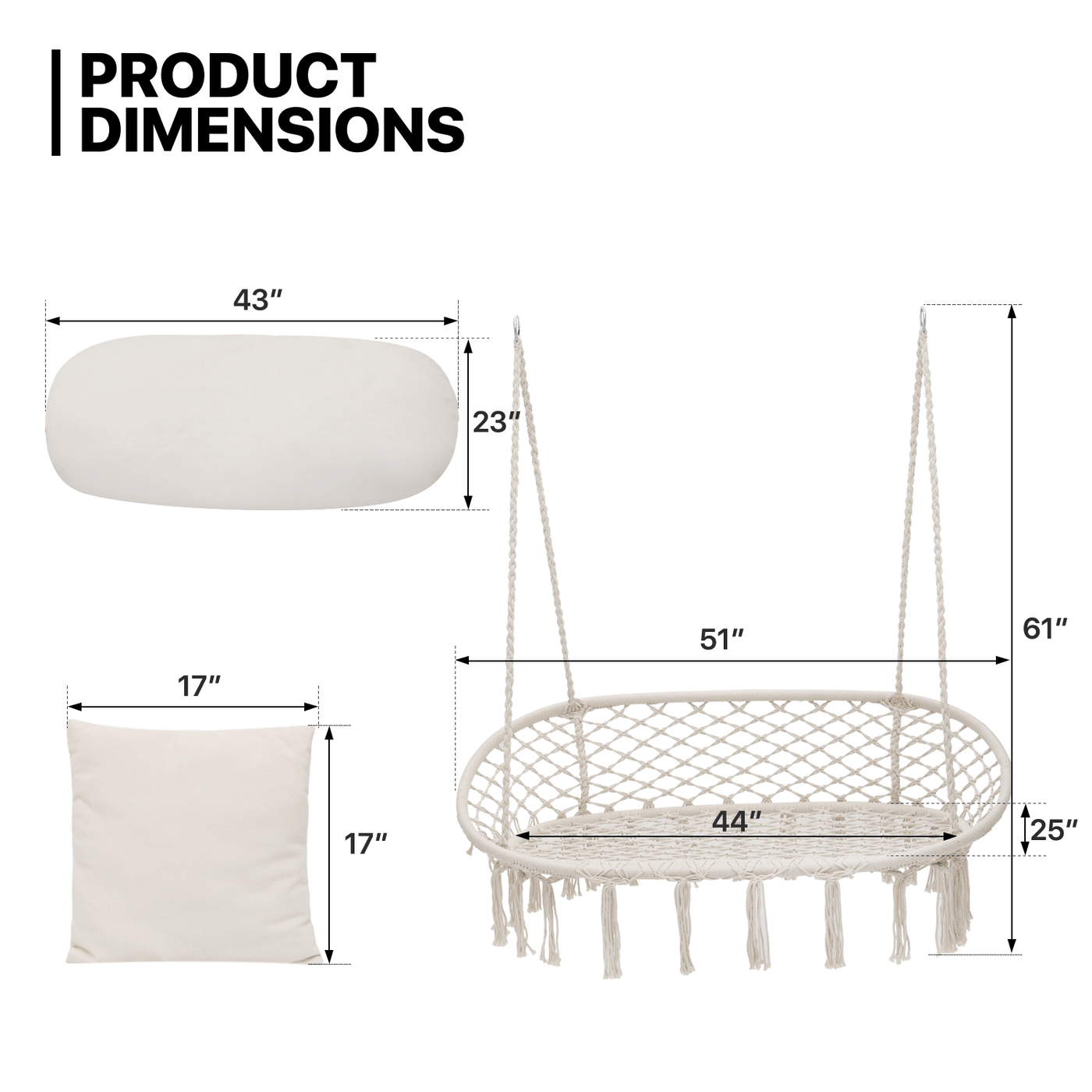 700 lb Capacity Double Swing Chair with 3 Cushions for Outside, Large Hanging Macrame Swing Chair for Indoor/Outdoor Relax, Adult Hammock Boho Chair for Porch Balcony Backyard
