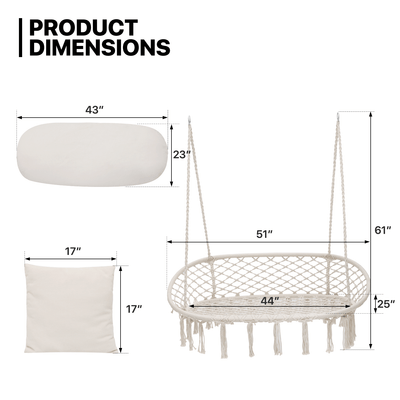 700 lb Capacity Double Swing Chair with 3 Cushions for Outside, Large Hanging Macrame Swing Chair for Indoor/Outdoor Relax, Adult Hammock Boho Chair for Porch Balcony Backyard