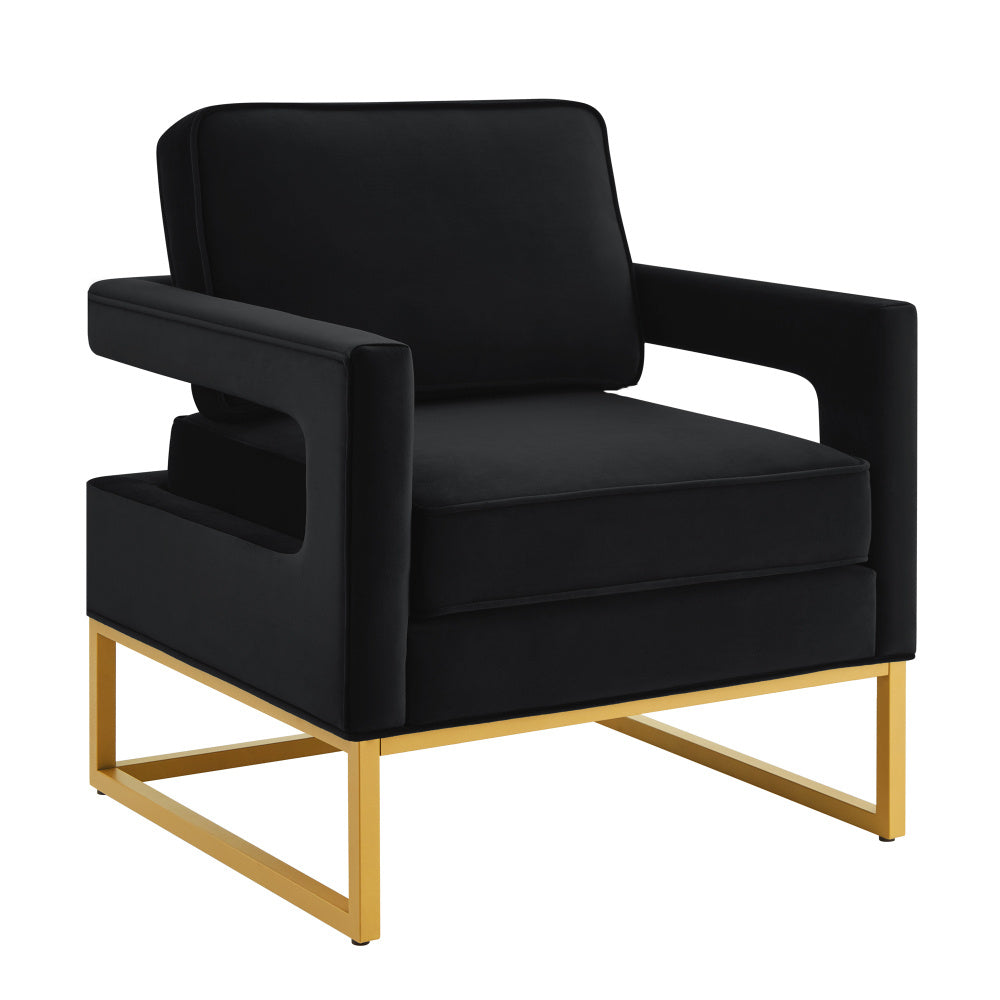 Modern velvet chair with open armrests, gold metal base and wooden frame for living room balcony decoration Black