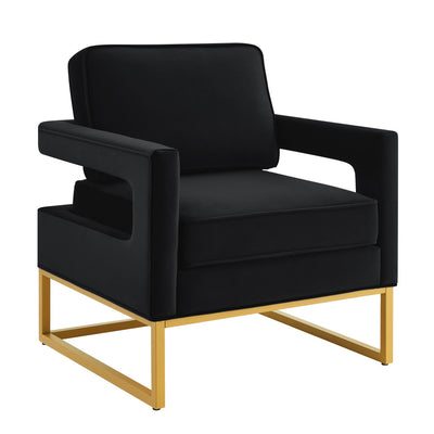 Modern velvet chair with open armrests, gold metal base and wooden frame for living room balcony decoration Black