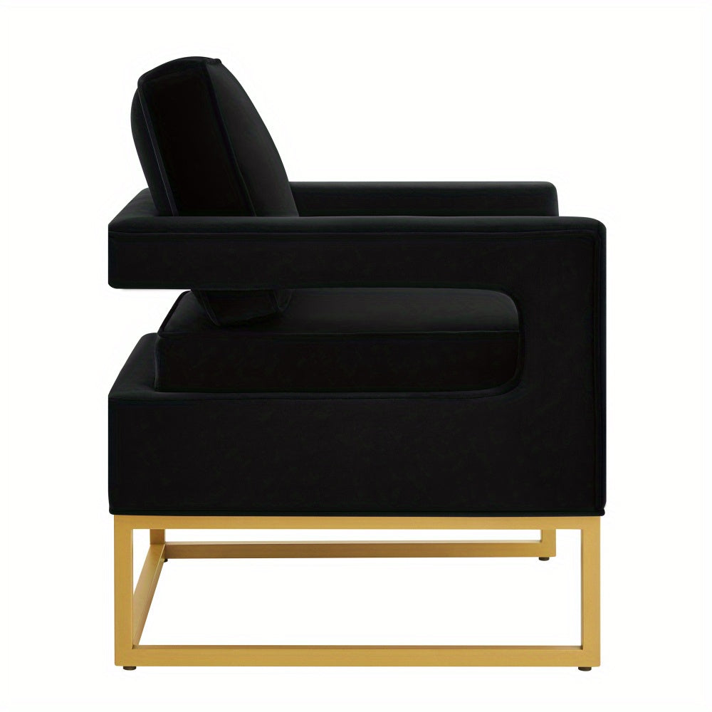 Modern velvet chair with open armrests, gold metal base and wooden frame for living room balcony decoration Black