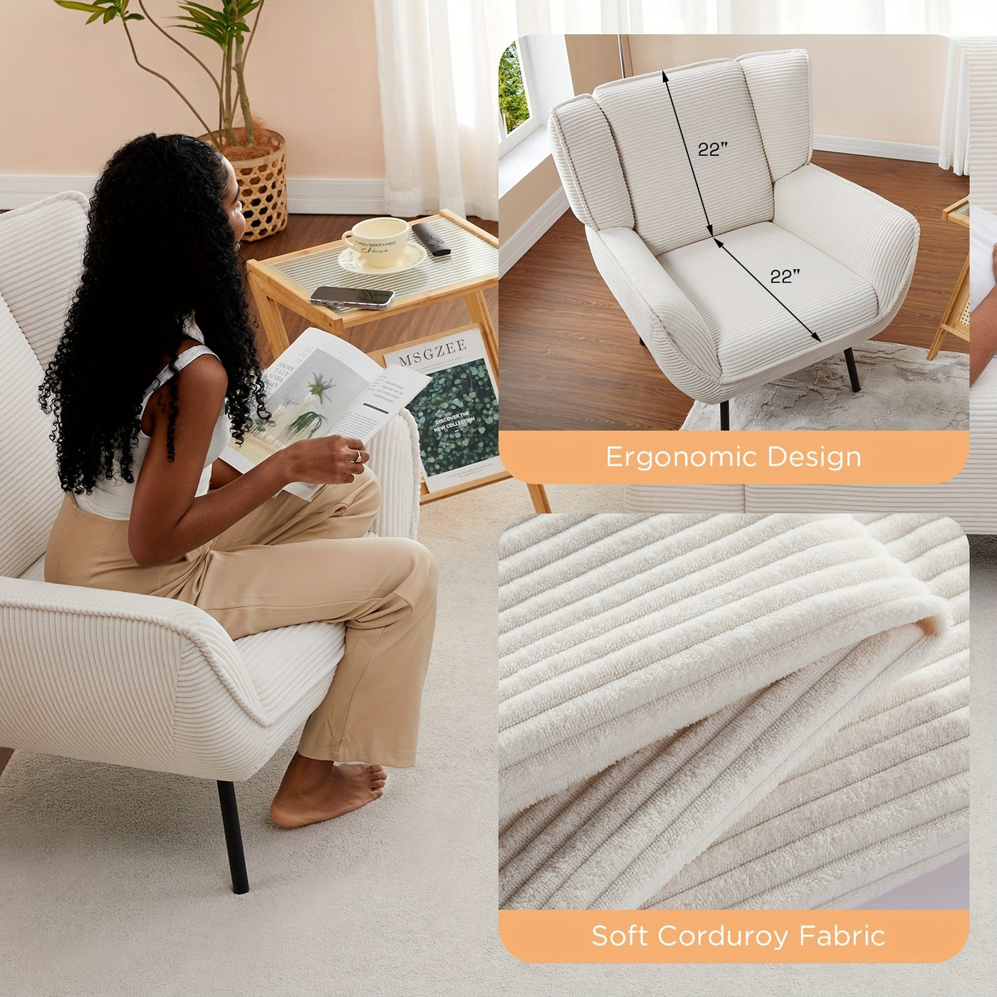 Accent Chair- Upholstered Living Room Chair with High Wingback, Reading Armchair for Bedroom, Comfy Corduroy Chair