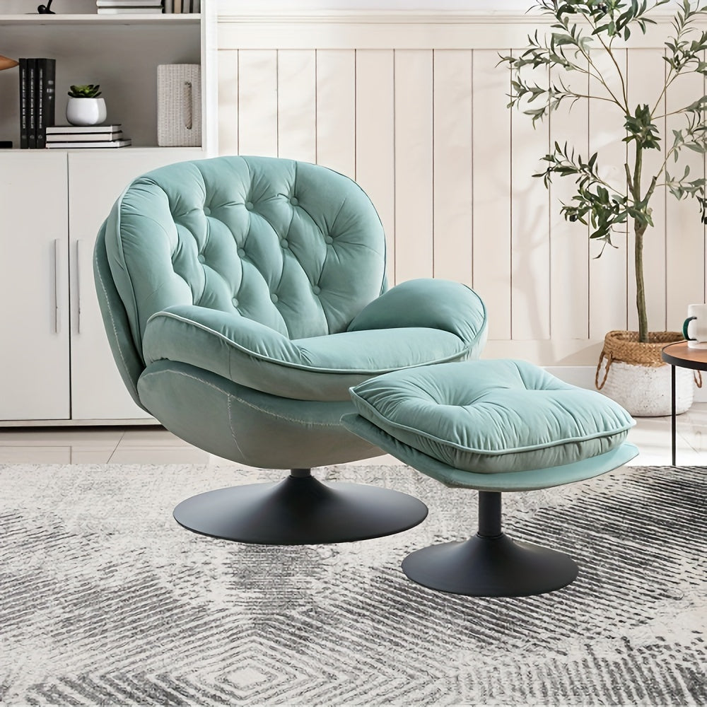 Swivel Accent Chair with Ottoman Set, Velvet Modern Lounge Chair with Metal Base Frame & Footrest, Comfy Lazy Single Leisure Chair, Reading Chair with 360 Swiveling For Living Room/ Bedroom/ Grey