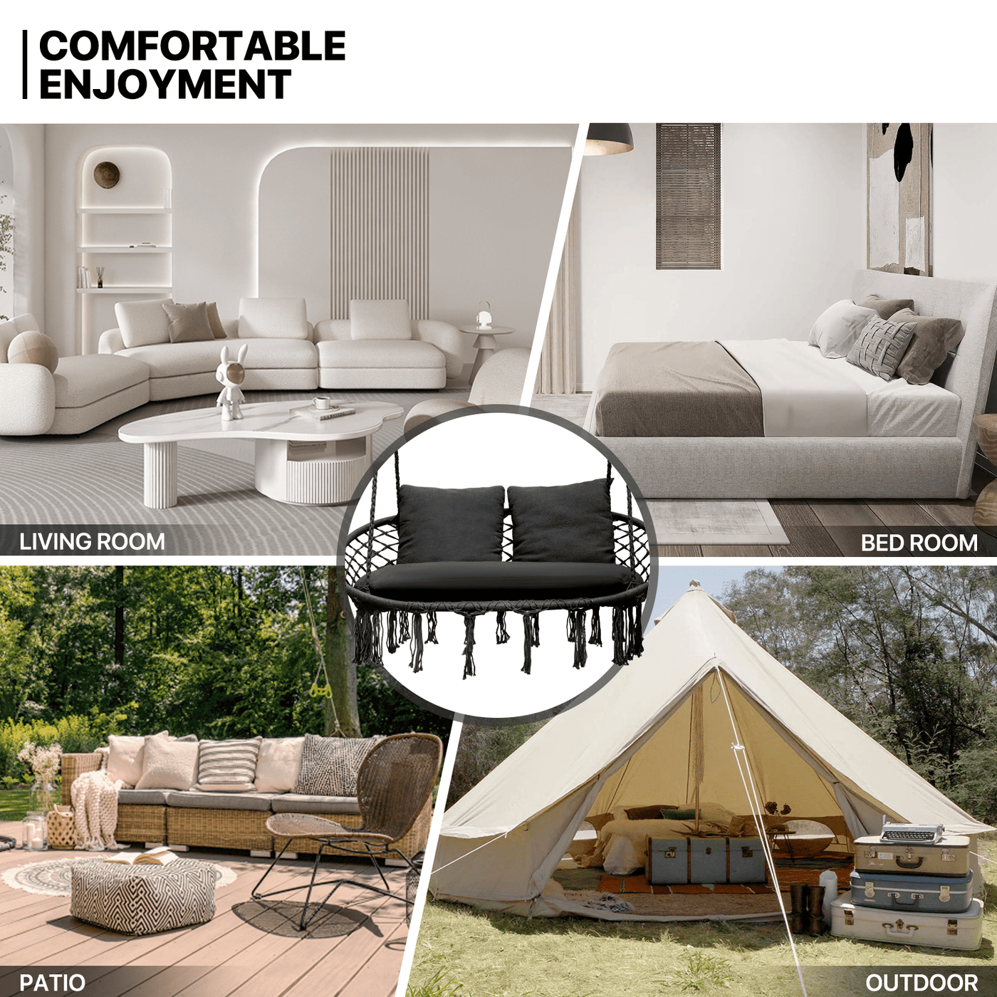 700 lb Capacity Double Swing Chair with 3 Cushions for Outside, Large Hanging Macrame Swing Chair for Indoor/Outdoor Relax, Adult Hammock Boho Chair for Porch Balcony Backyard