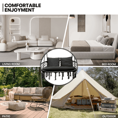 700 lb Capacity Double Swing Chair with 3 Cushions for Outside, Large Hanging Macrame Swing Chair for Indoor/Outdoor Relax, Adult Hammock Boho Chair for Porch Balcony Backyard