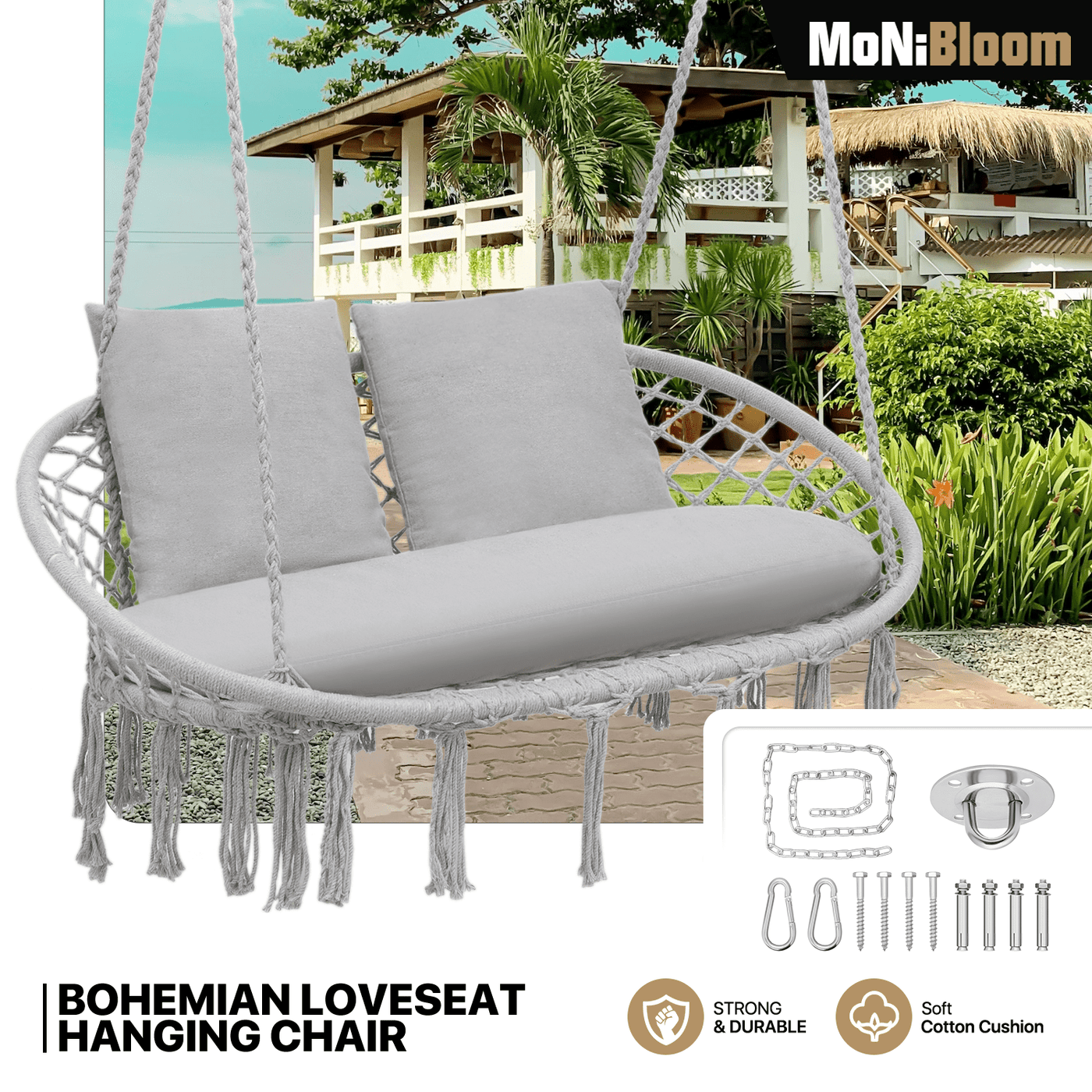 700 lb Capacity Double Swing Chair with 3 Cushions for Outside, Large Hanging Macrame Swing Chair for Indoor/Outdoor Relax, Adult Hammock Boho Chair for Porch Balcony Backyard