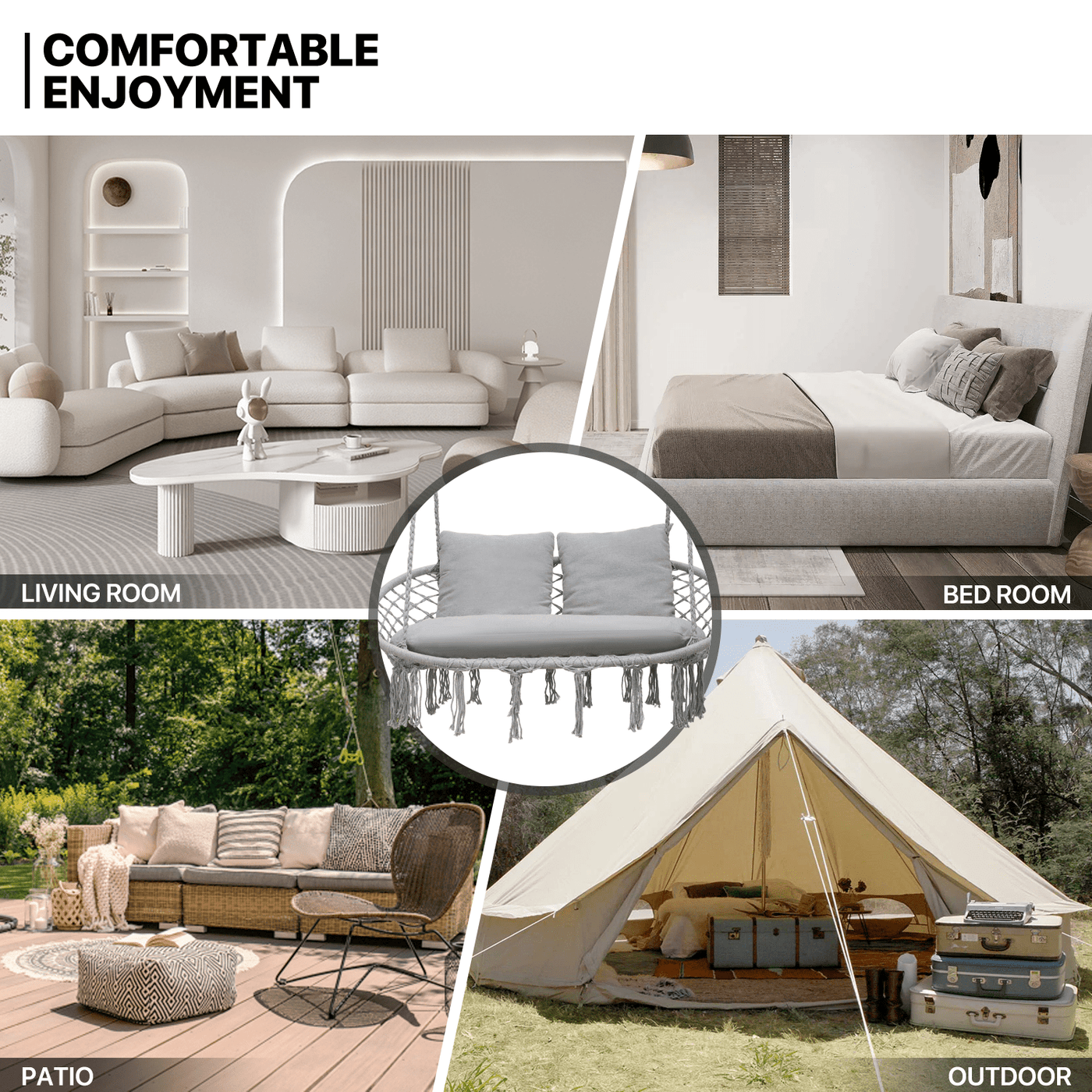 700 lb Capacity Double Swing Chair with 3 Cushions for Outside, Large Hanging Macrame Swing Chair for Indoor/Outdoor Relax, Adult Hammock Boho Chair for Porch Balcony Backyard