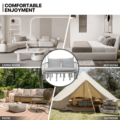 700 lb Capacity Double Swing Chair with 3 Cushions for Outside, Large Hanging Macrame Swing Chair for Indoor/Outdoor Relax, Adult Hammock Boho Chair for Porch Balcony Backyard