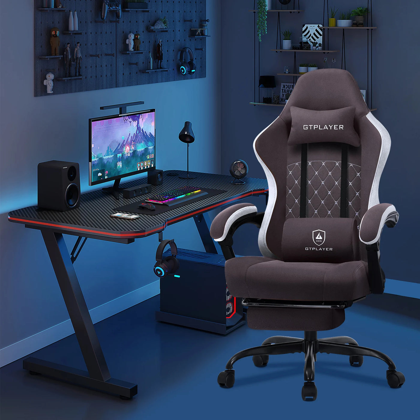 GTPLAYER Fabric Gaming Chair with Footrest, Computer Desk Chair with Pocket Spring Cushion, Home Office Ergonomic Chair