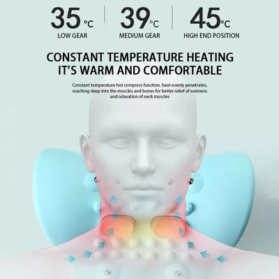 A multifunctional neck massager designed to heat and stretch the neck, back, and shoulders, providing deep relief for neck disco