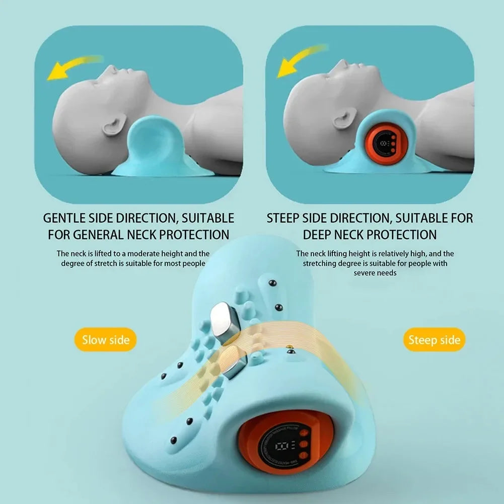 A multifunctional neck massager designed to heat and stretch the neck, back, and shoulders, providing deep relief for neck disco