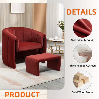 Barrel Chair With Ottoman, Modern Velvet Chair Armchairs With Footstool, Comfy Reading Chair, Mid Century Modern Barrel Chair Upholstered Club Tub Round Arms Chair For Living Room