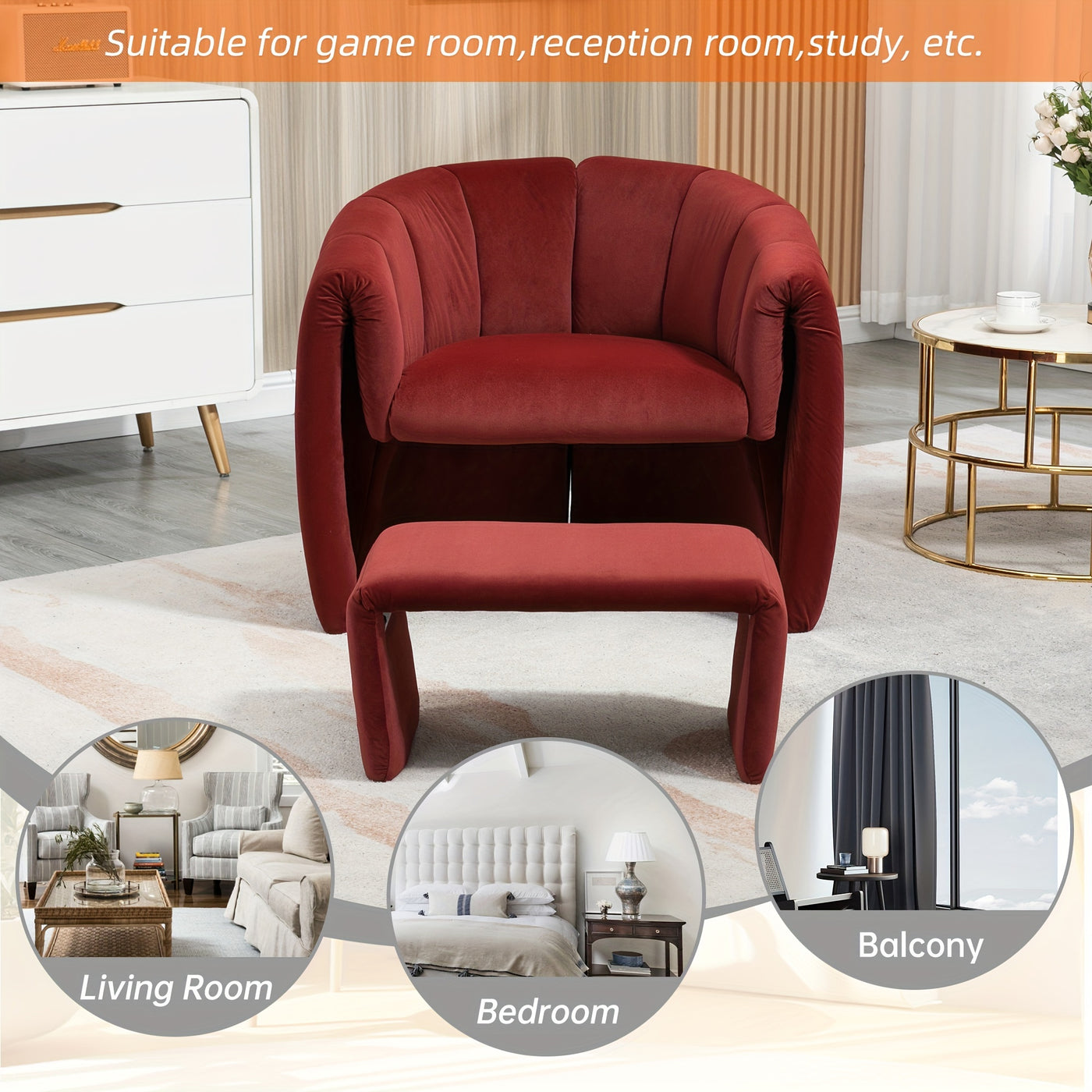 Barrel Chair With Ottoman, Modern Velvet Chair Armchairs With Footstool, Comfy Reading Chair, Mid Century Modern Barrel Chair Upholstered Club Tub Round Arms Chair For Living Room