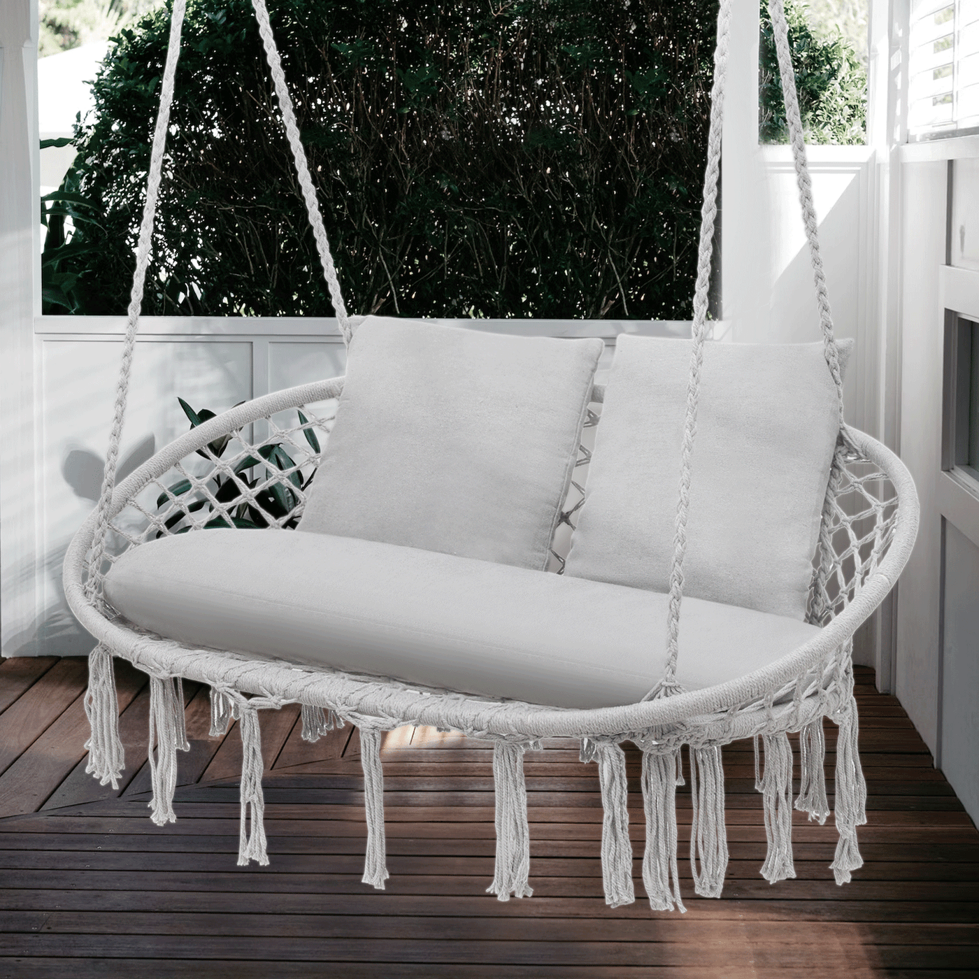 700 lb Capacity Double Swing Chair with 3 Cushions for Outside, Large Hanging Macrame Swing Chair for Indoor/Outdoor Relax, Adult Hammock Boho Chair for Porch Balcony Backyard