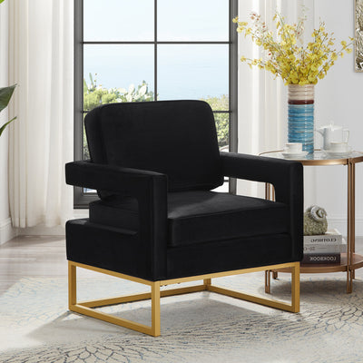 Modern velvet chair with open armrests, gold metal base and wooden frame for living room balcony decoration Black