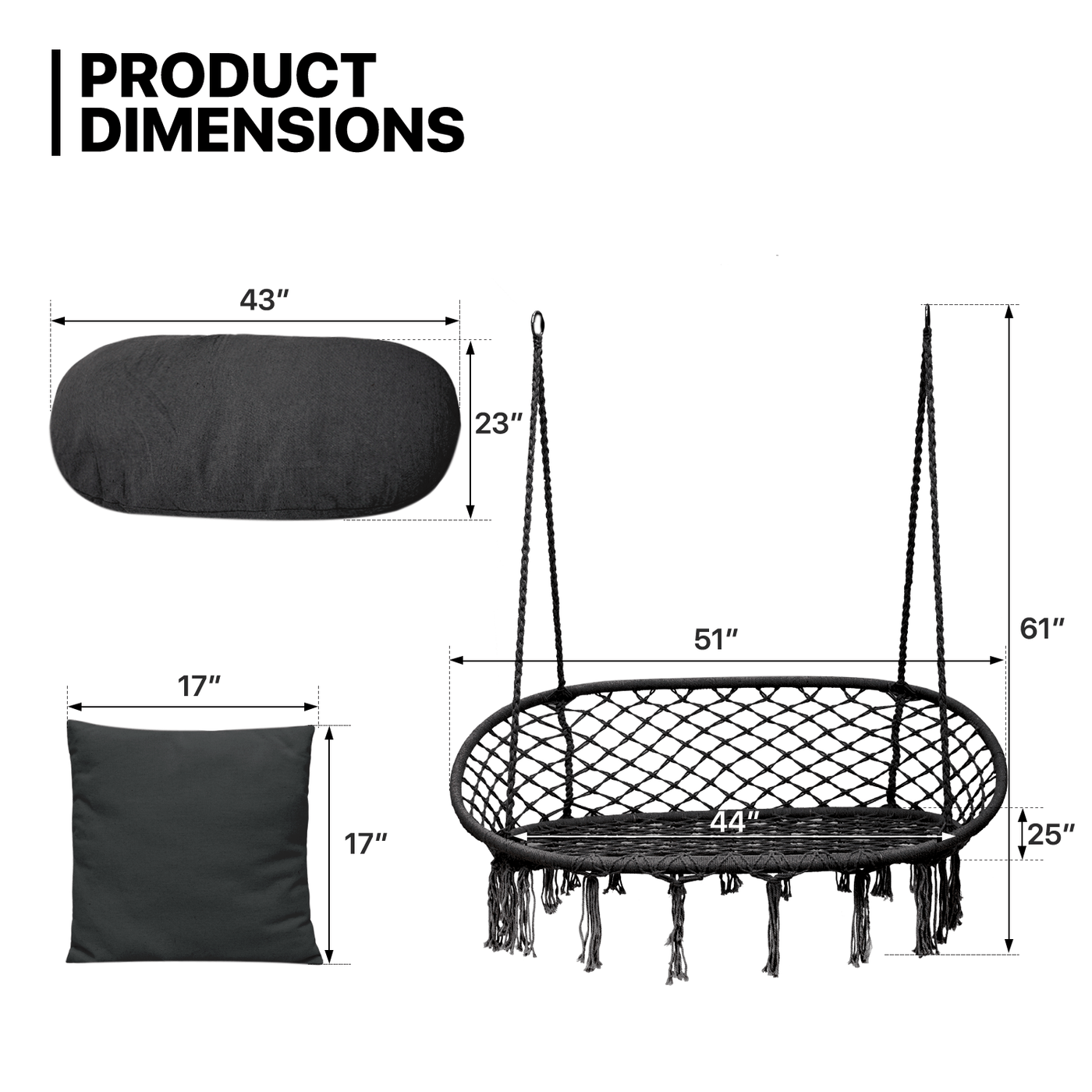 700 lb Capacity Double Swing Chair with 3 Cushions for Outside, Large Hanging Macrame Swing Chair for Indoor/Outdoor Relax, Adult Hammock Boho Chair for Porch Balcony Backyard