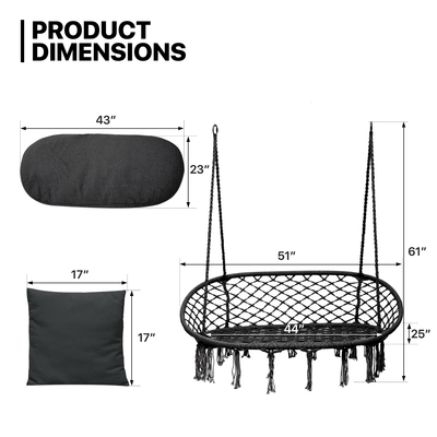 700 lb Capacity Double Swing Chair with 3 Cushions for Outside, Large Hanging Macrame Swing Chair for Indoor/Outdoor Relax, Adult Hammock Boho Chair for Porch Balcony Backyard