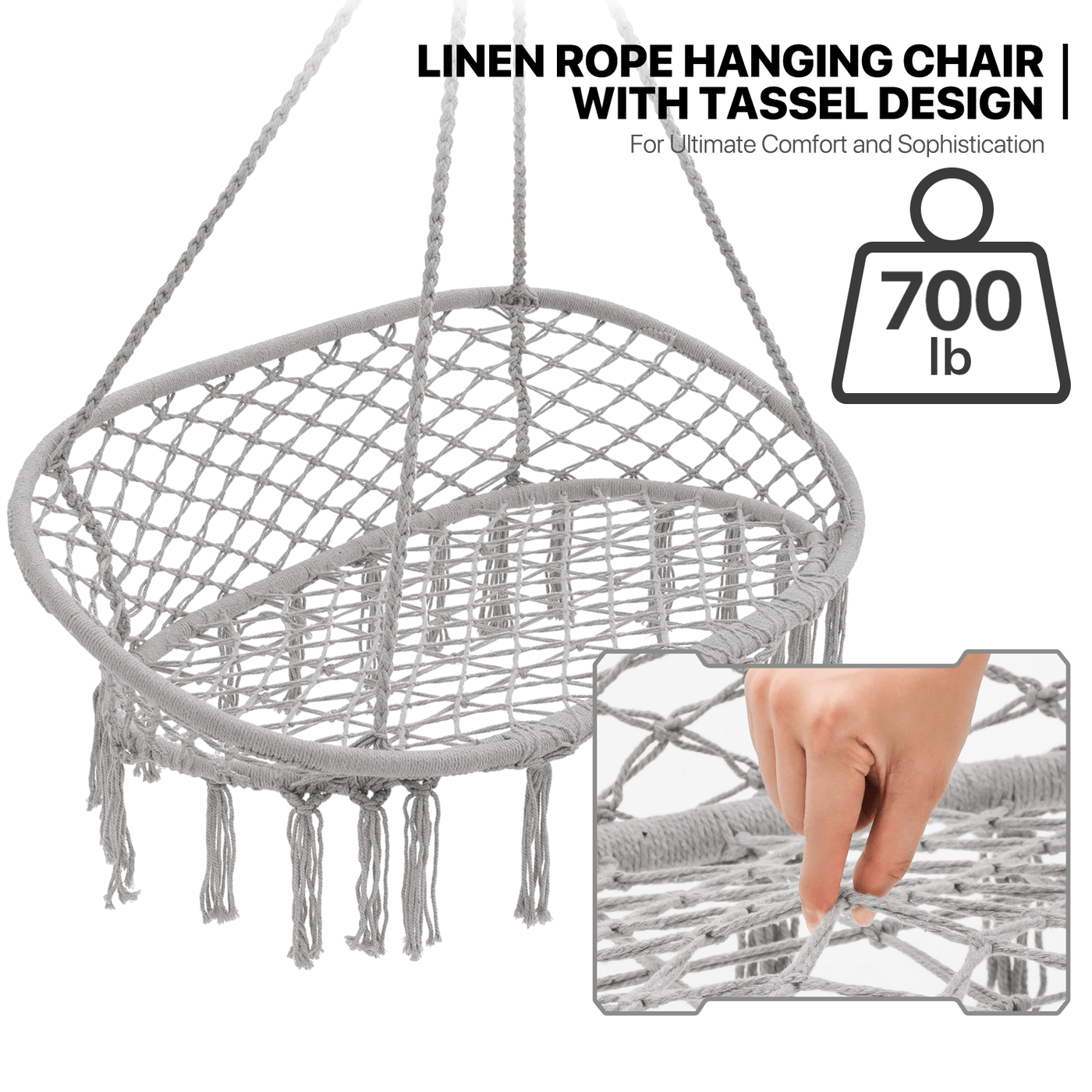 700 lb Capacity Double Swing Chair with 3 Cushions for Outside, Large Hanging Macrame Swing Chair for Indoor/Outdoor Relax, Adult Hammock Boho Chair for Porch Balcony Backyard