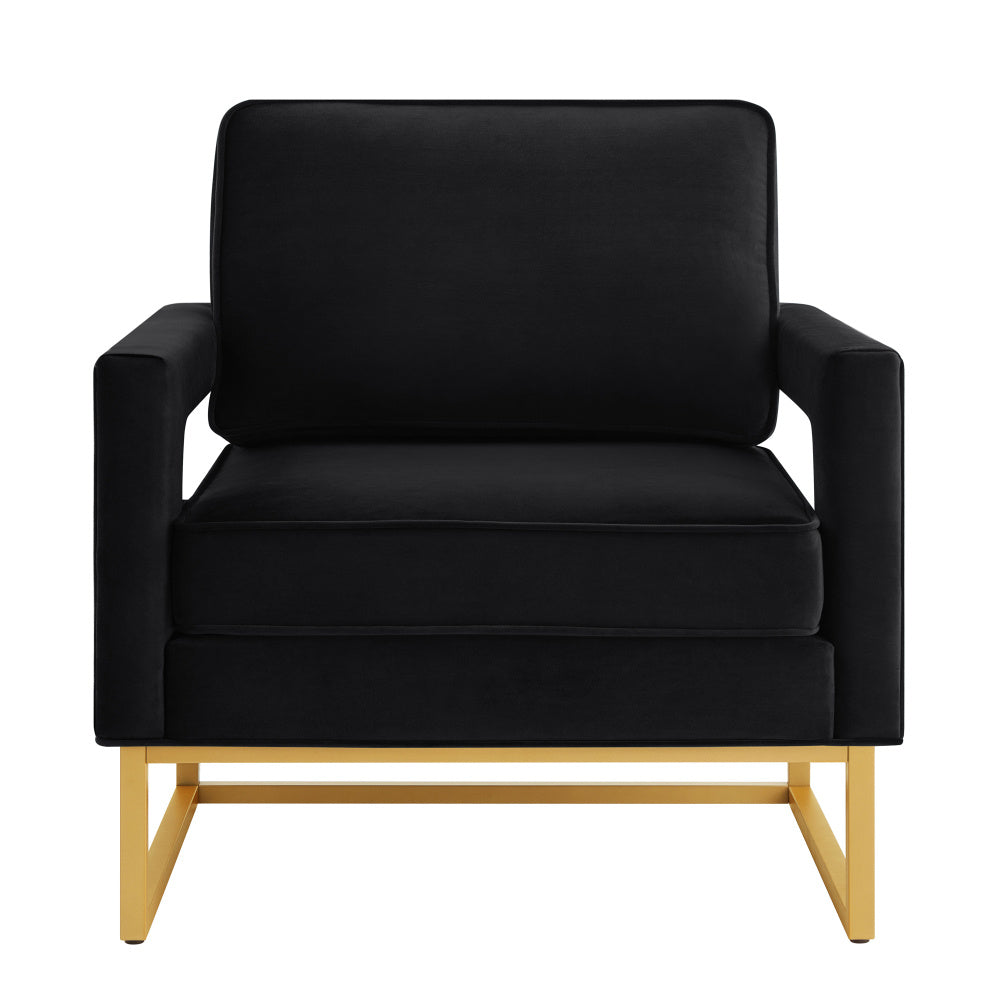Modern velvet chair with open armrests, gold metal base and wooden frame for living room balcony decoration Black