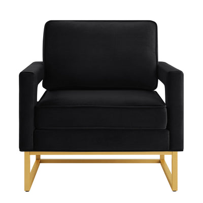 Modern velvet chair with open armrests, gold metal base and wooden frame for living room balcony decoration Black
