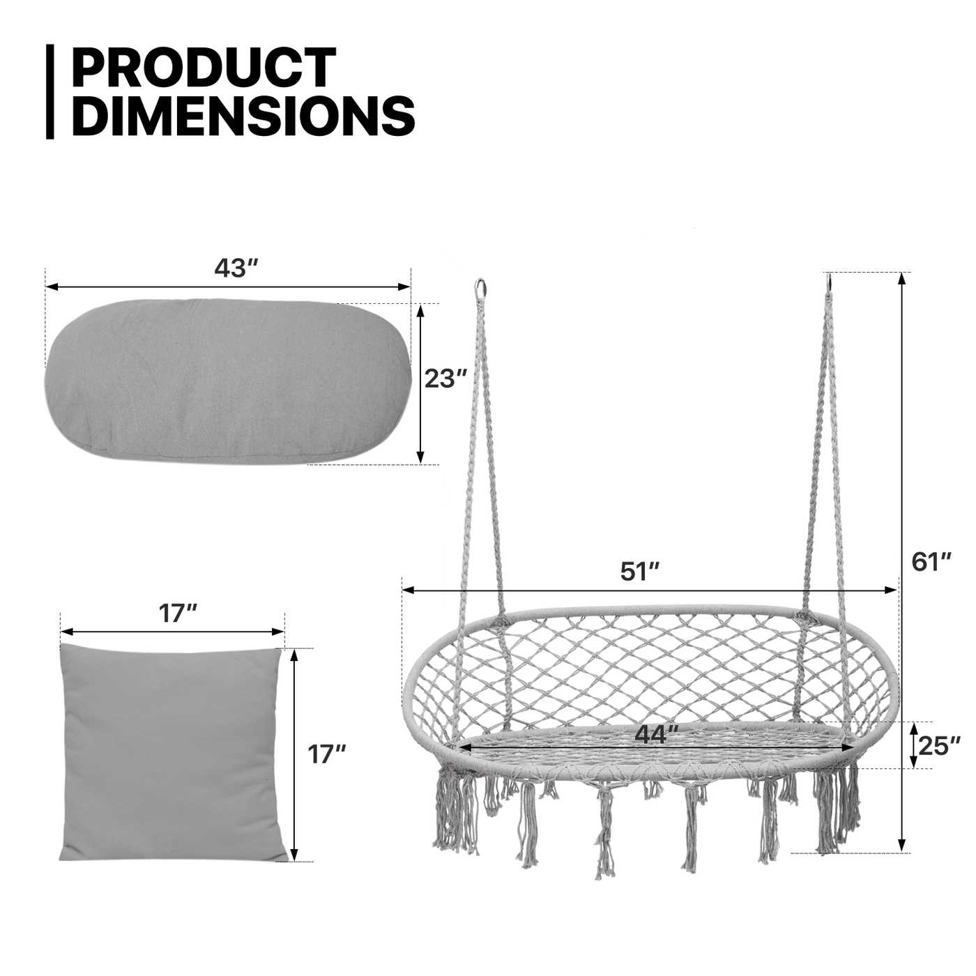 700 lb Capacity Double Swing Chair with 3 Cushions for Outside, Large Hanging Macrame Swing Chair for Indoor/Outdoor Relax, Adult Hammock Boho Chair for Porch Balcony Backyard
