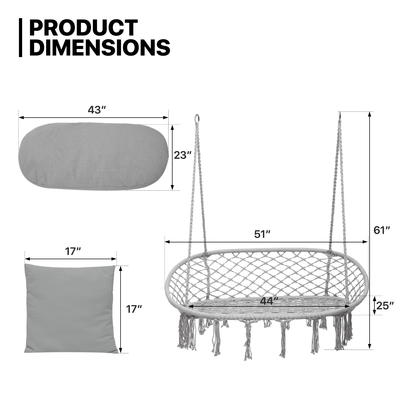 700 lb Capacity Double Swing Chair with 3 Cushions for Outside, Large Hanging Macrame Swing Chair for Indoor/Outdoor Relax, Adult Hammock Boho Chair for Porch Balcony Backyard
