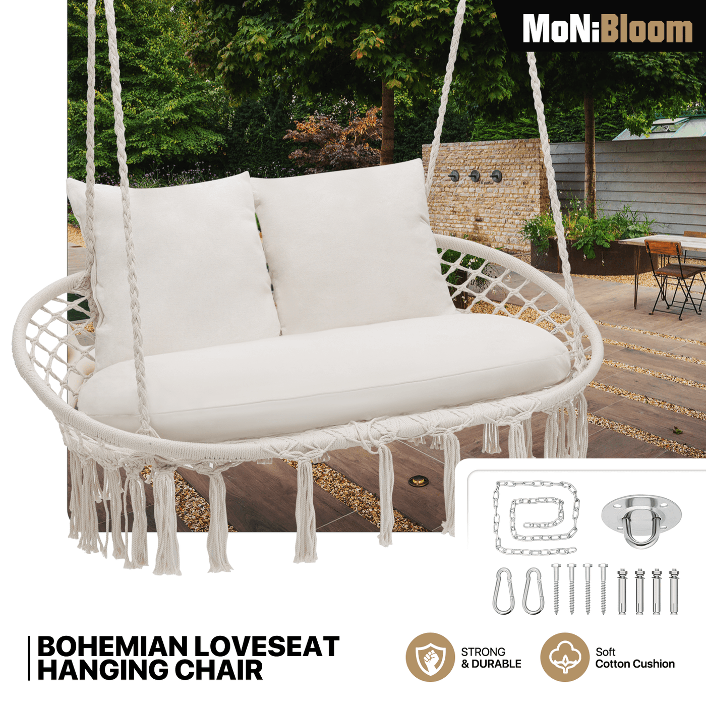 700 lb Capacity Double Swing Chair with 3 Cushions for Outside, Large Hanging Macrame Swing Chair for Indoor/Outdoor Relax, Adult Hammock Boho Chair for Porch Balcony Backyard